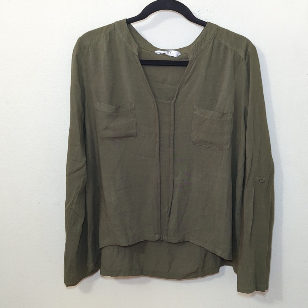 Jack by BB Dakota Olive Green Blouse V-neck Roll-tab Sleeves Women's Size M